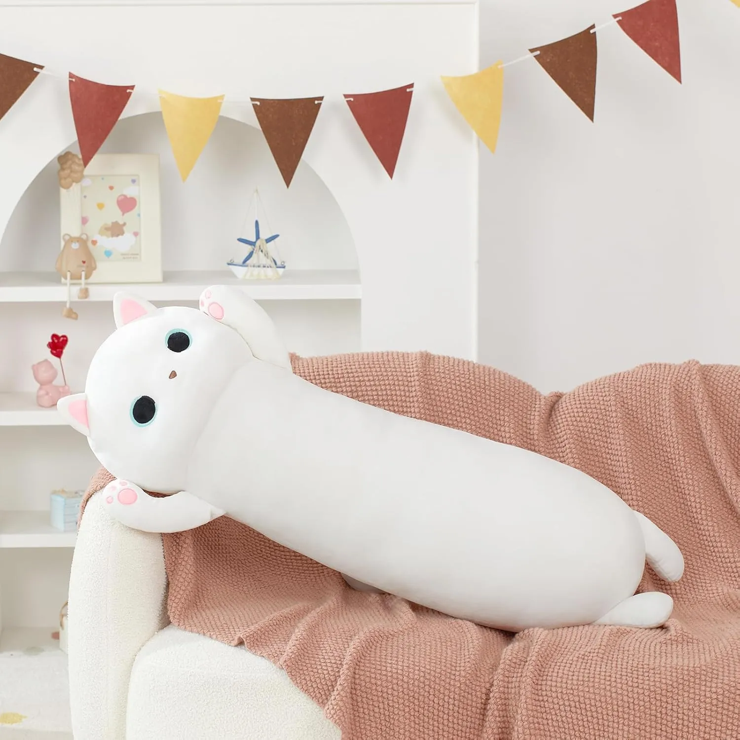 MaoGoLan Long Cat Plush for Kids,44" Giant Kitten Plush for Adults,Huge Cat Body Pillow for Girl,Large White Kitten Plushies Throw Pillow Doll