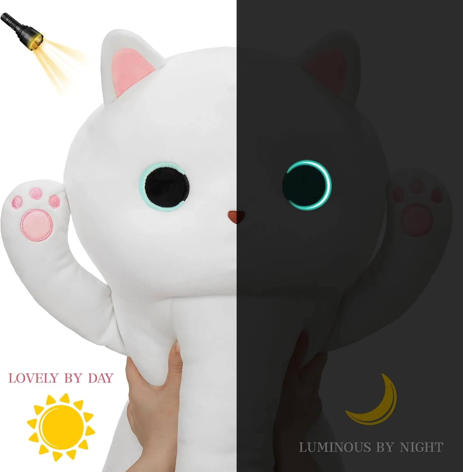 MaoGoLan Long Cat Plush for Kids,44" Giant Kitten Plush for Adults,Huge Cat Body Pillow for Girl,Large White Kitten Plushies Throw Pillow Doll