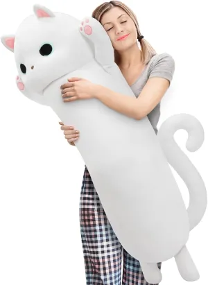 MaoGoLan Long Cat Plush for Kids,44" Giant Kitten Plush for Adults,Huge Cat Body Pillow for Girl,Large White Kitten Plushies Throw Pillow Doll