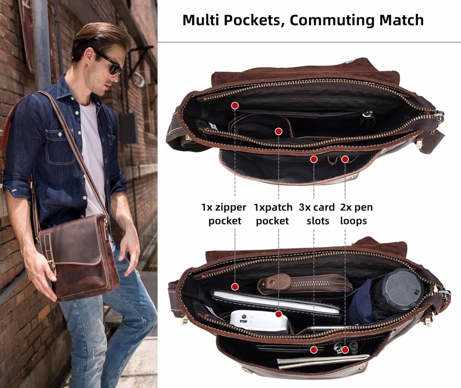 Masa Kawa Leather Messenger Bag Small Crossbody Shoulder Bag for Men Women Flap Over Man Purse Fits 10 Inch Tablet