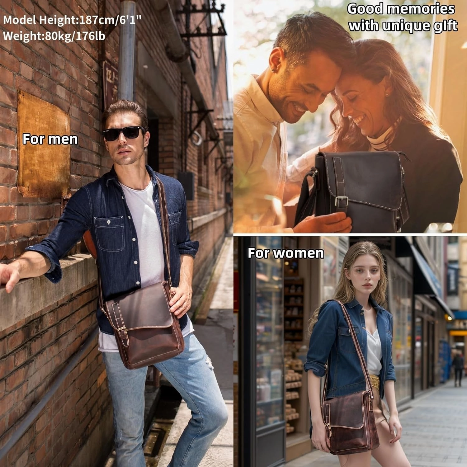 Masa Kawa Leather Messenger Bag Small Crossbody Shoulder Bag for Men Women Flap Over Man Purse Fits 10 Inch Tablet