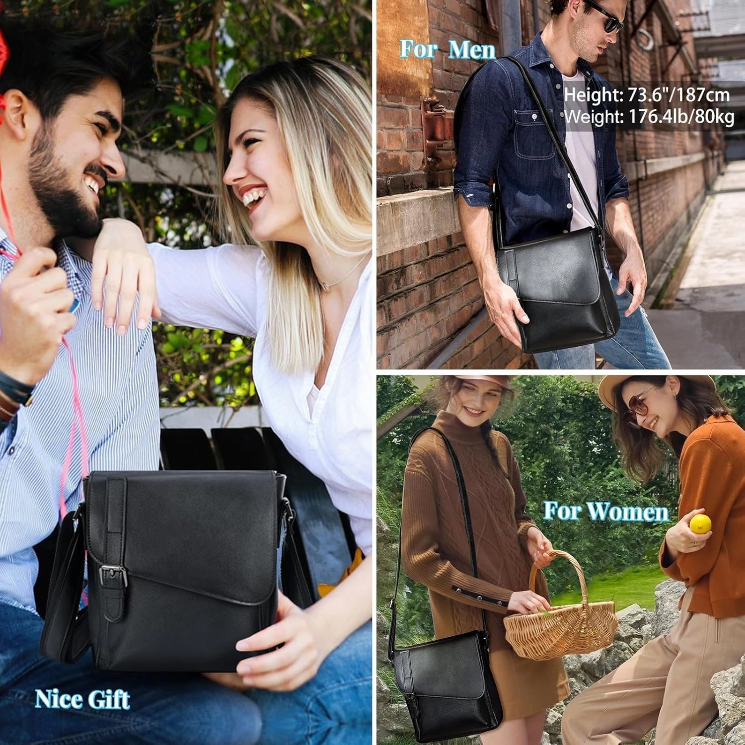 Masa Kawa Leather Messenger Bag Small Crossbody Shoulder Bag for Men Women Flap Over Man Purse Fits 10 Inch Tablet