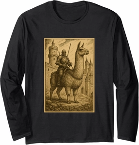 Medieval Knight Riding a Llama Fantasy Art Surreal Rider Long Sleeve T-Shirt