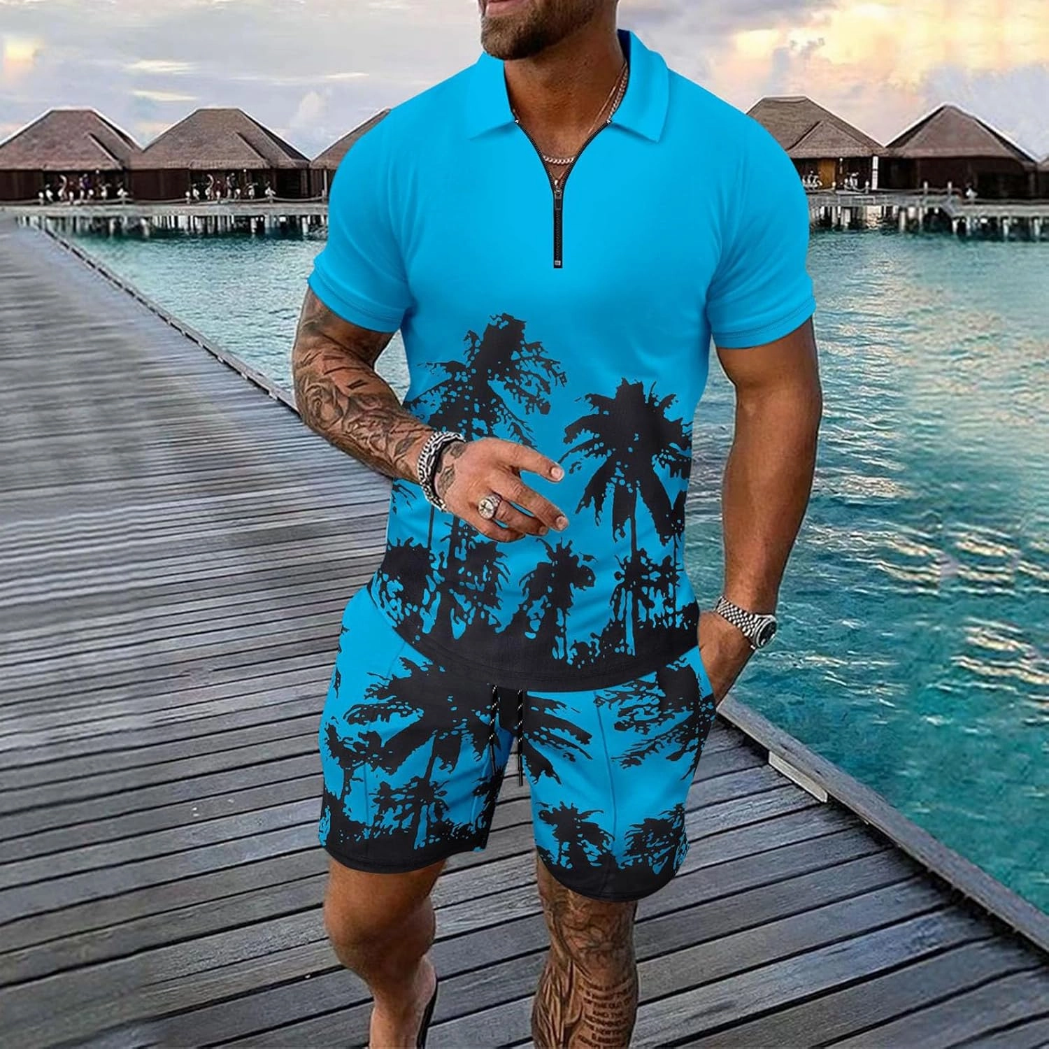 Mens Gym Sets 2 Piece Outfits Hawaiian Outfits For Men Workout Short Sleeve Zip Polo Sweatsuit For Men Mens Romper