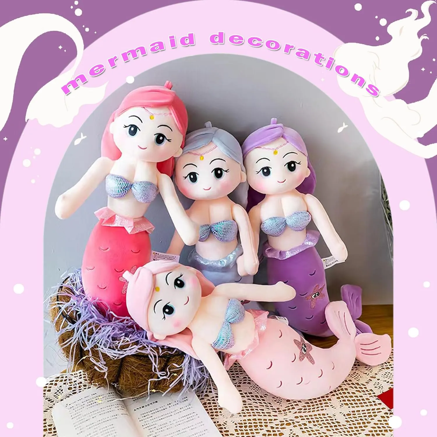 Mermaid Plush Stuffed Animal, 15.7in Cute Soft Purple Hugging Mermaid Plushies Pillow Doll Toys Kawaii Birthday Gift for Adults Kids Boys Girls