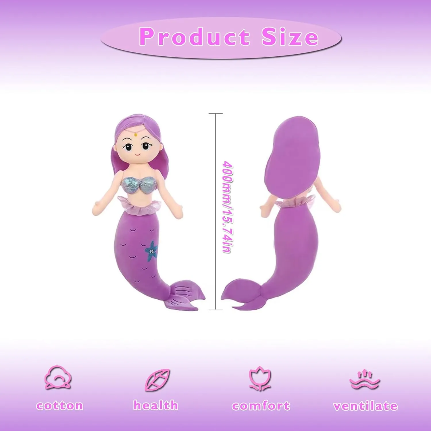 Mermaid Plush Stuffed Animal, 15.7in Cute Soft Purple Hugging Mermaid Plushies Pillow Doll Toys Kawaii Birthday Gift for Adults Kids Boys Girls