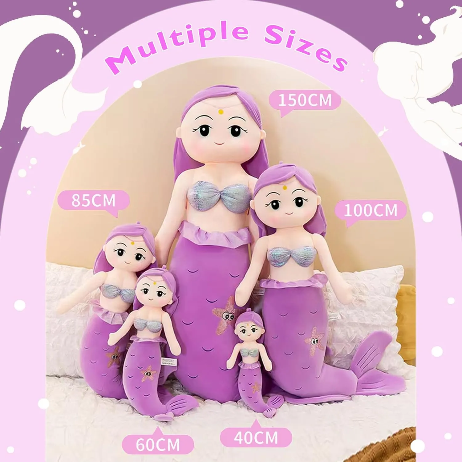 Mermaid Plush Stuffed Animal, 15.7in Cute Soft Purple Hugging Mermaid Plushies Pillow Doll Toys Kawaii Birthday Gift for Adults Kids Boys Girls