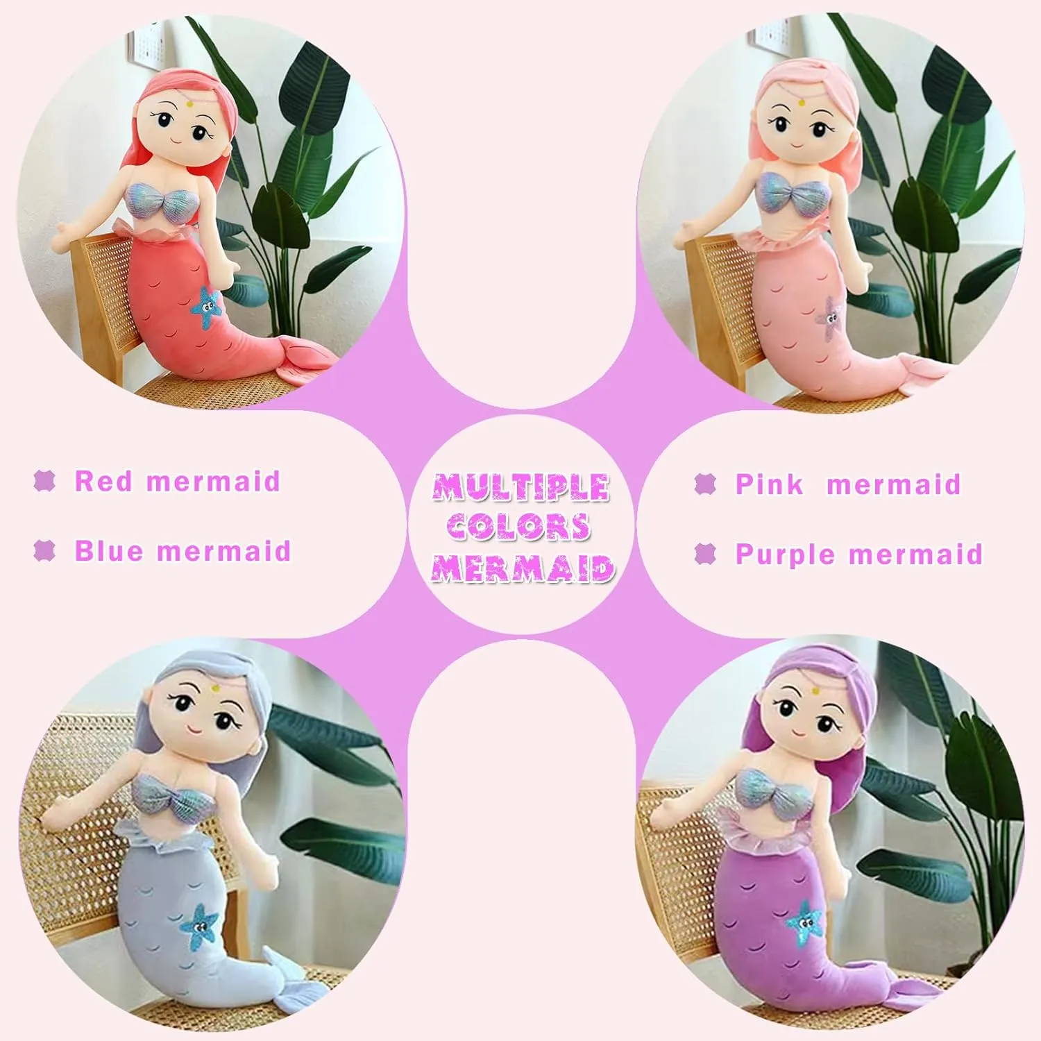 Mermaid Plush Stuffed Animal, 15.7in Cute Soft Purple Hugging Mermaid Plushies Pillow Doll Toys Kawaii Birthday Gift for Adults Kids Boys Girls