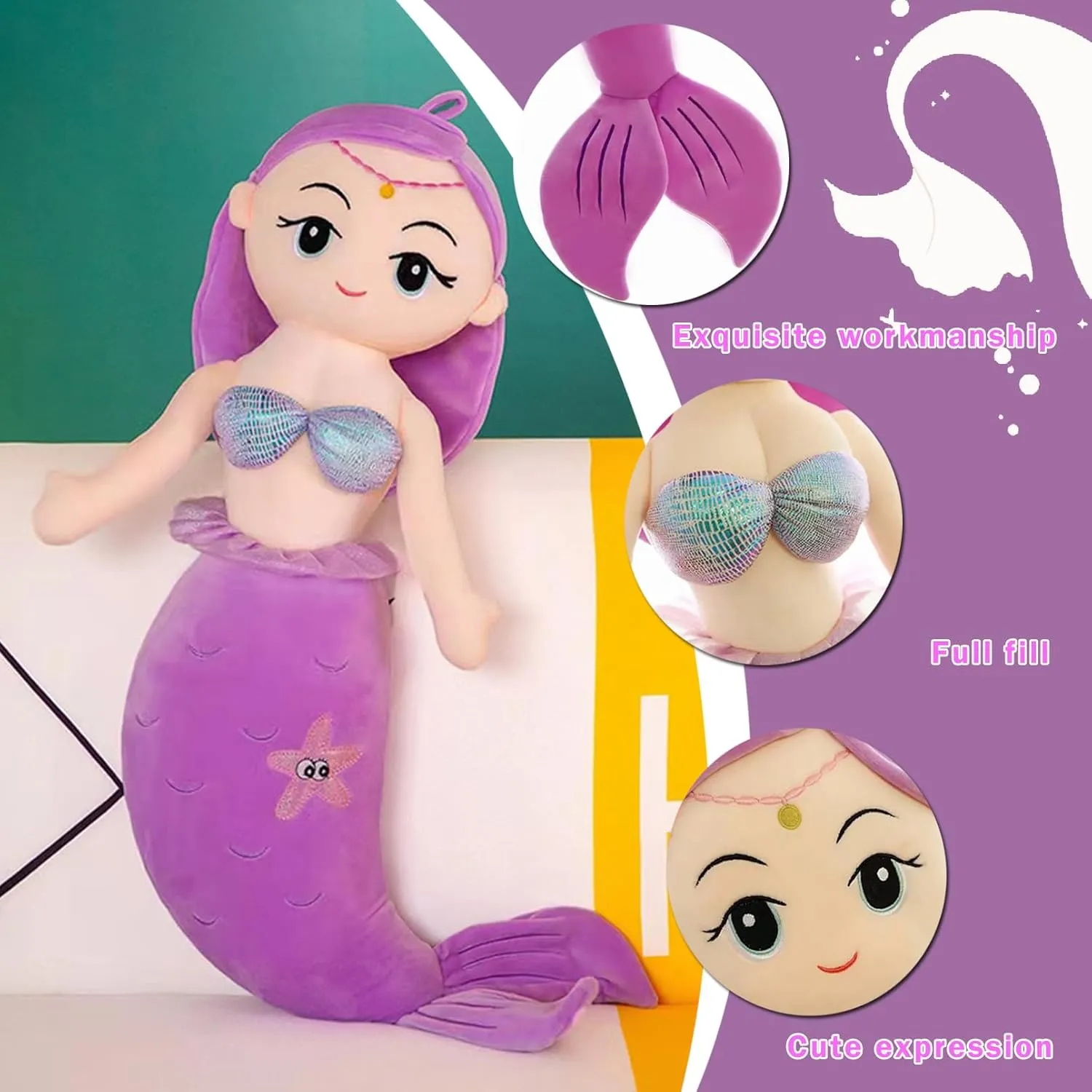 Mermaid Plush Stuffed Animal, 15.7in Cute Soft Purple Hugging Mermaid Plushies Pillow Doll Toys Kawaii Birthday Gift for Adults Kids Boys Girls