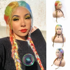 Mermaid Double Lace Front Box Braided Wigs Pre Plucked with Baby Hair Long Straight Full Knotless Corrown Twist Braid Lace Front Wig for Black Women Blue Green Hot Pink Red Ginger 24 Inch