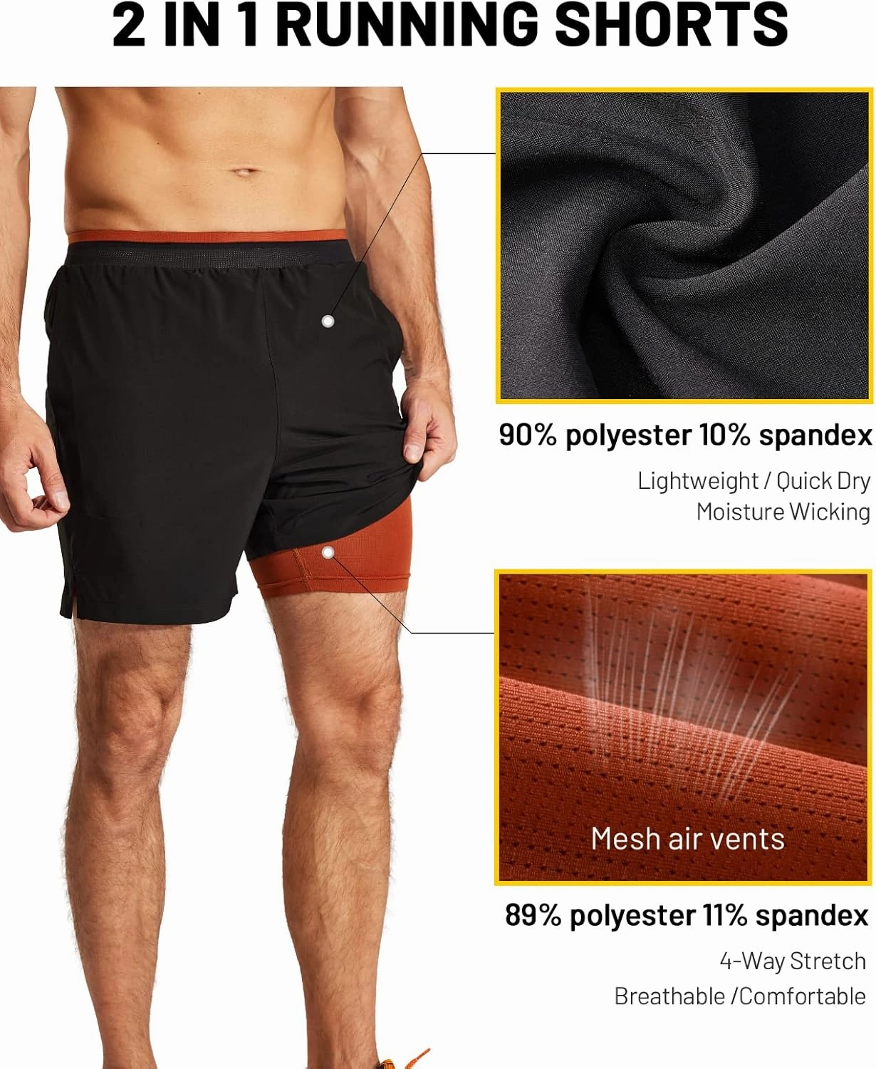 MIER Men's 2 in 1 Running Shorts with Liner 5" Quick Dry Gym Workout Athletic Shorts with Pockets, Lightweight, Breathable