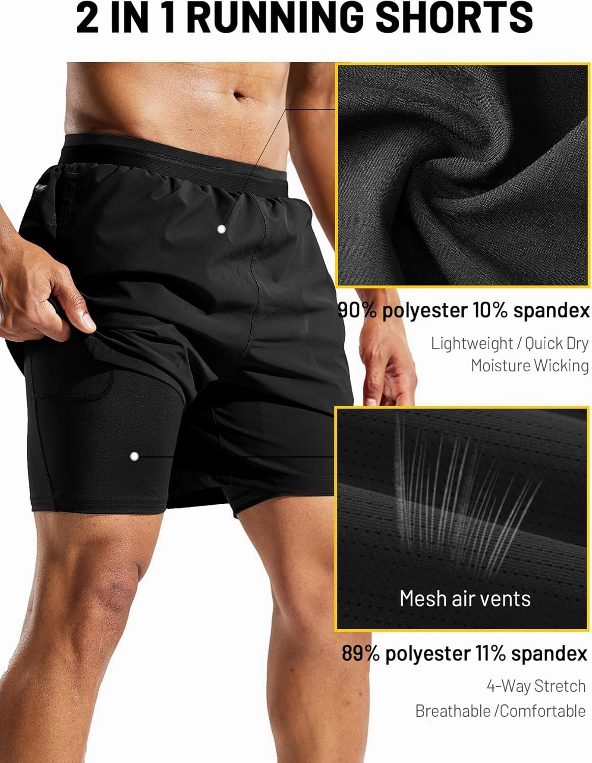 MIER Men's 2 in 1 Running Shorts with Liner 5" Quick Dry Gym Workout Athletic Shorts with Pockets, Lightweight, Breathable