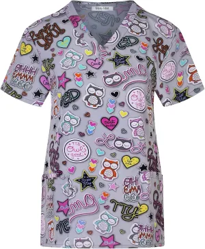 Minty Mint Women's Comfortable Easy Fit Lightweight Durable Stretch Printed V-Neck Medical Scrub Top
