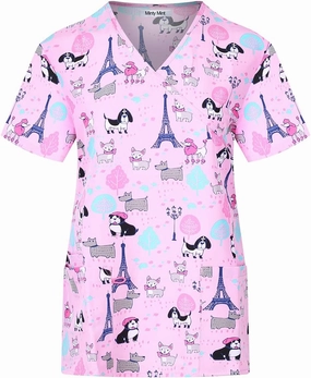 Minty Mint Women's Comfortable Easy Fit Lightweight Durable Stretch Printed V-Neck Medical Scrub Top