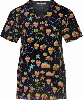 Minty Mint Women's Comfortable Easy Fit Lightweight Durable Stretch Printed V-Neck Medical Scrub Top