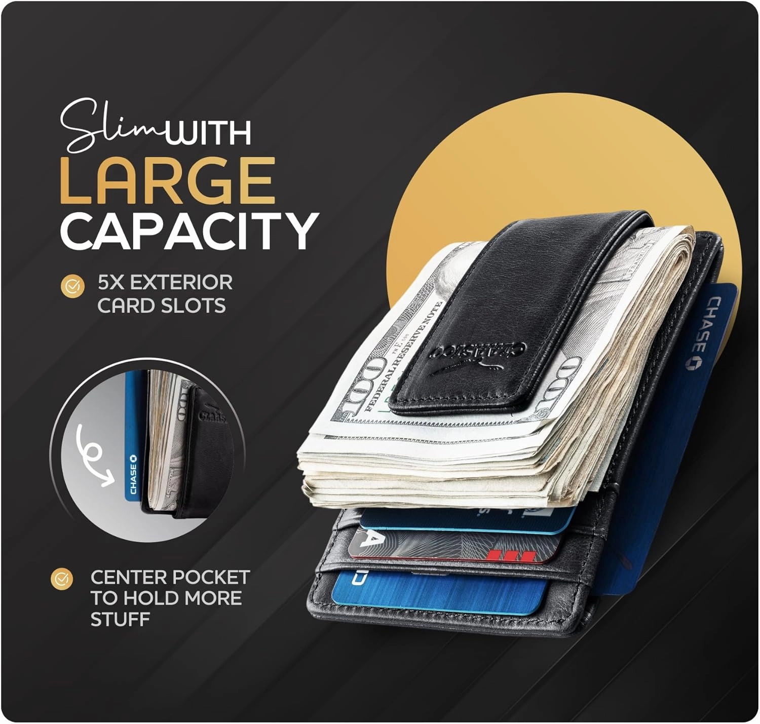 Money Clip Leather Wallet For Men Slim Front Pocket RFID Blocking with Super Strong Magnetic