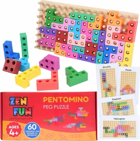 Montessori Animal Block Puzzle for Spatial Intelligence, Montessori Puzzle for Kids 4 , Wooden peg Puzzles Pentomino Peg Puzzle with 60 Different Design Cards to Recreate!