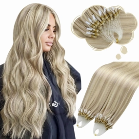 Moresoo Micro Ring Hair Extensions Blonde Highlight Microlink Hair Extensions Human Hair Ash Blonde Mix Bleach Blonde Hair Extensions Micro Link Human Hair Micro Ring Extensions #P18/613 50G/50S 14In