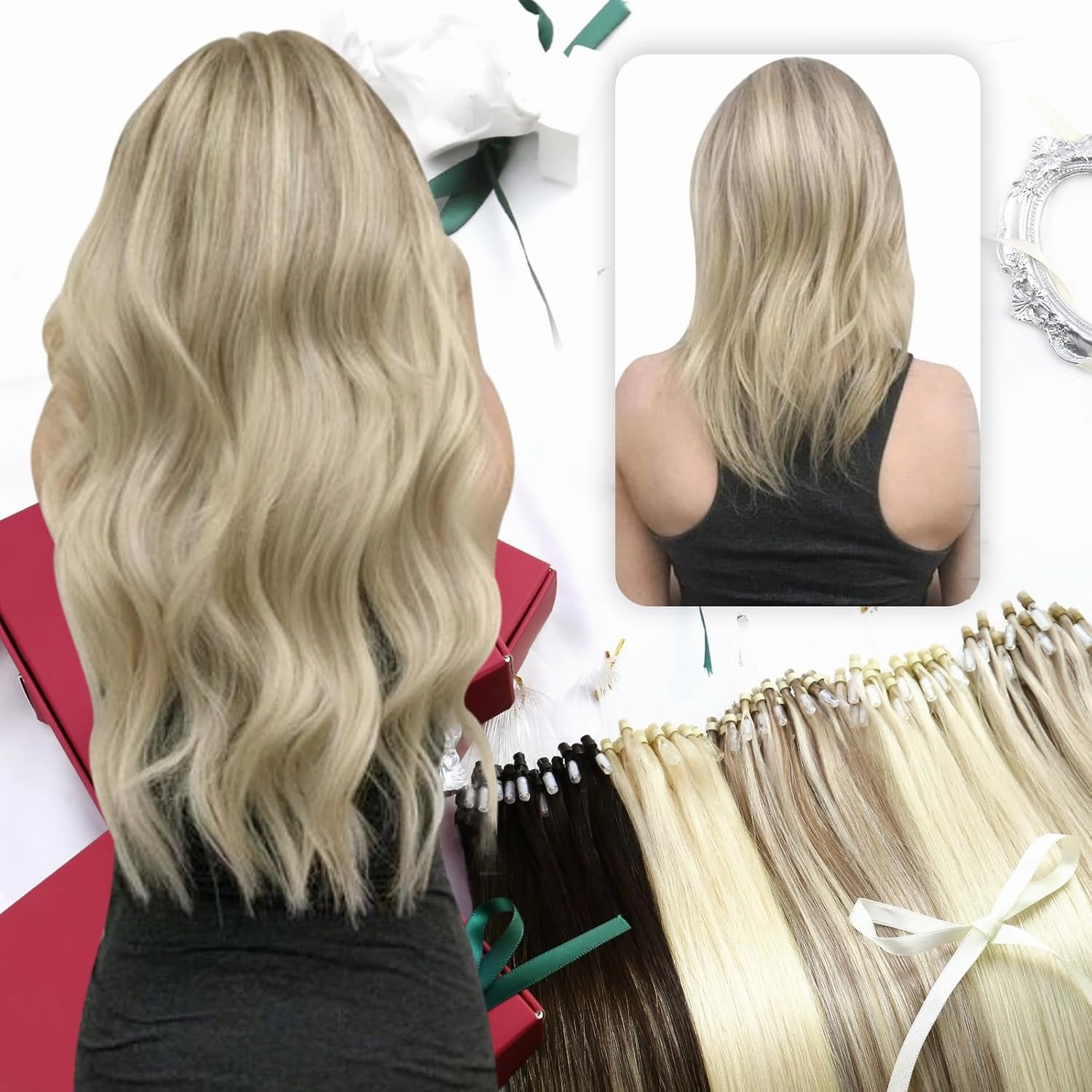 Moresoo Micro Ring Hair Extensions Blonde Highlight Microlink Hair Extensions Human Hair Ash Blonde Mix Bleach Blonde Hair Extensions Micro Link Human Hair Micro Ring Extensions #P18/613 50G/50S 14In