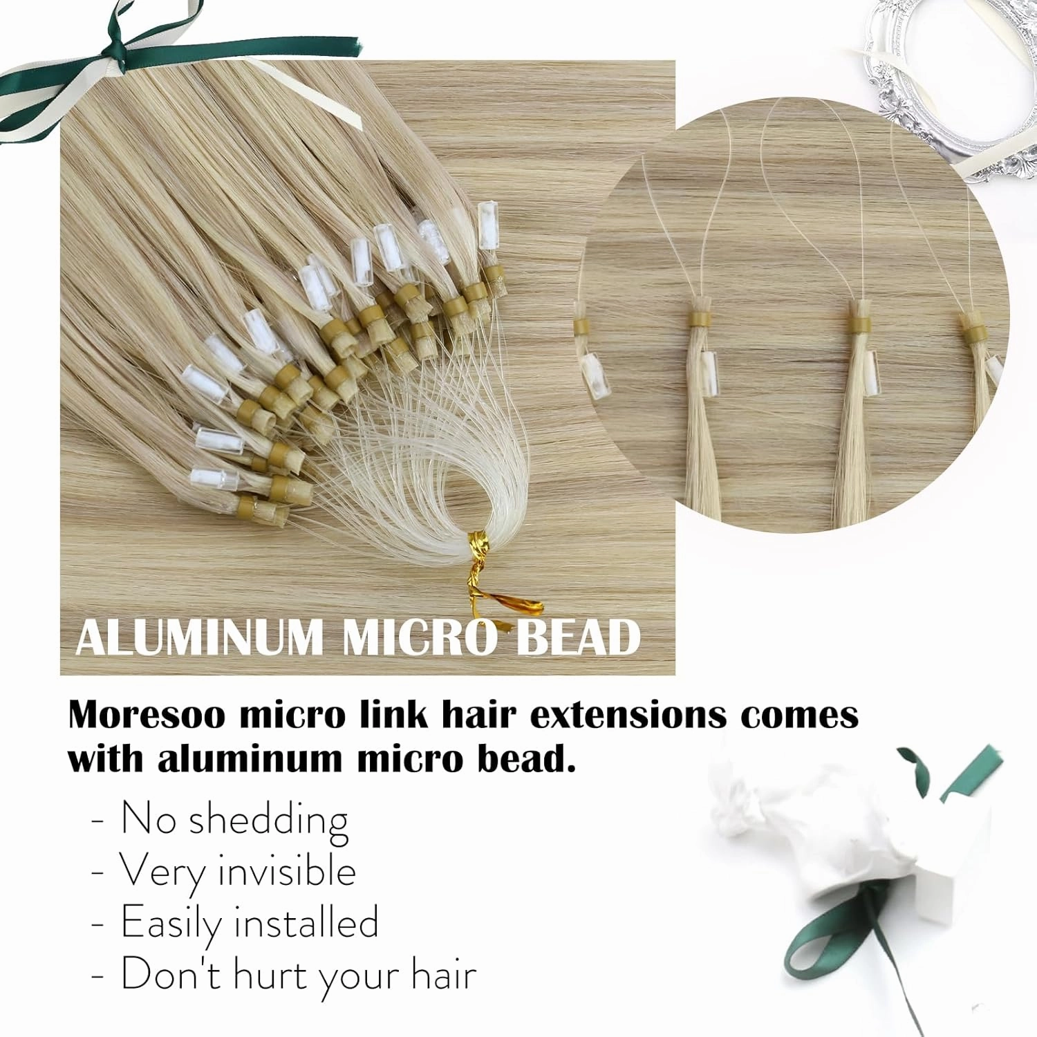 Moresoo Microlink Hair Extensions Human Hair Ash Blonde Mixed with Bleach Blonde Micro Beads Hair Extensions Ash Blonde 18 inch Remy Microlink Hair Extensions Blonde 50G 50S