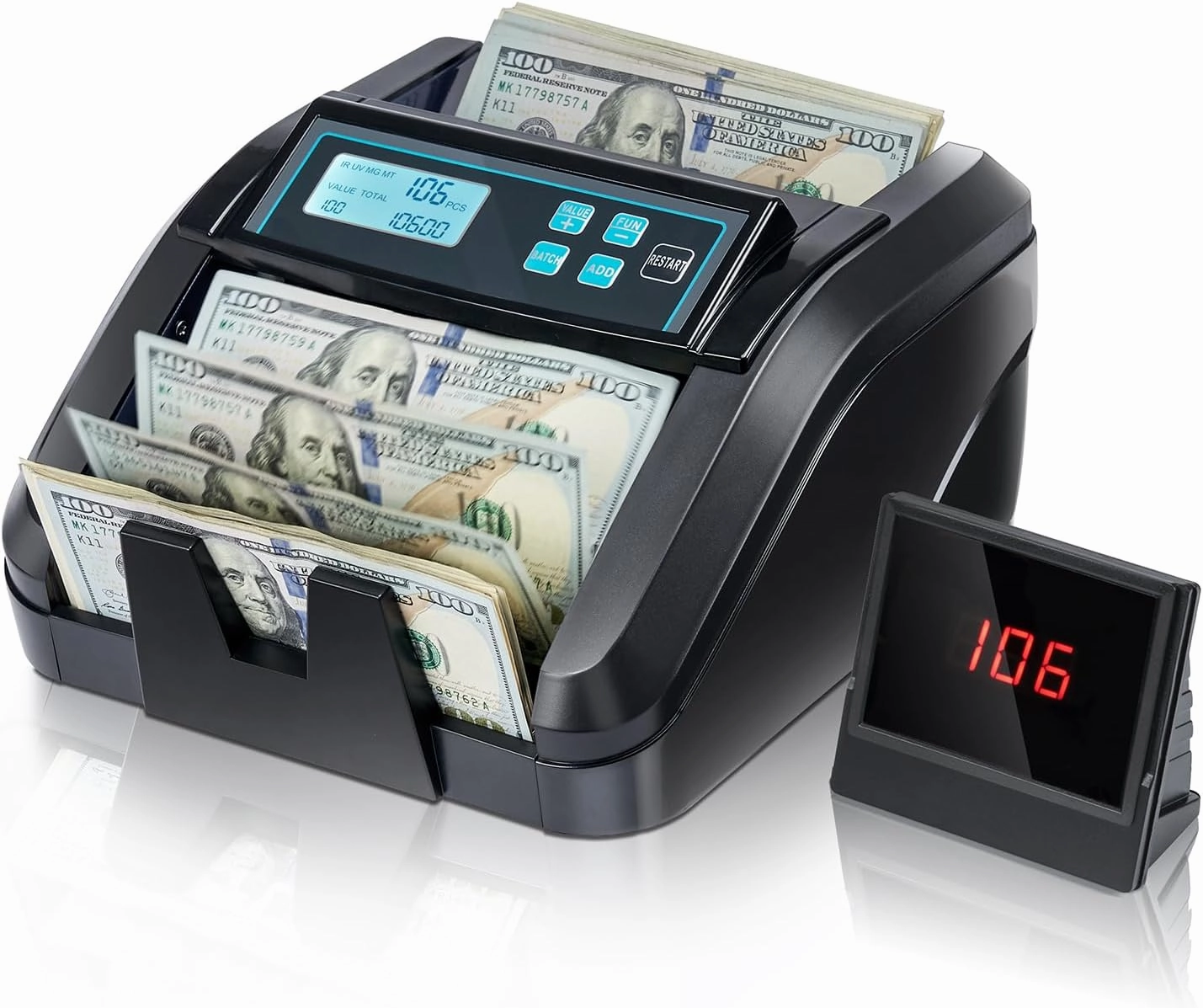 MUNBYN IMC51 Money Counter Machine Count Value, Add Batch/Add  Value Mode Bill Counter, UV/MG/IR/MT Detection, USD only Cash Counter,1100 Bills/min, Money Counting Machine with LCD Display (Black)