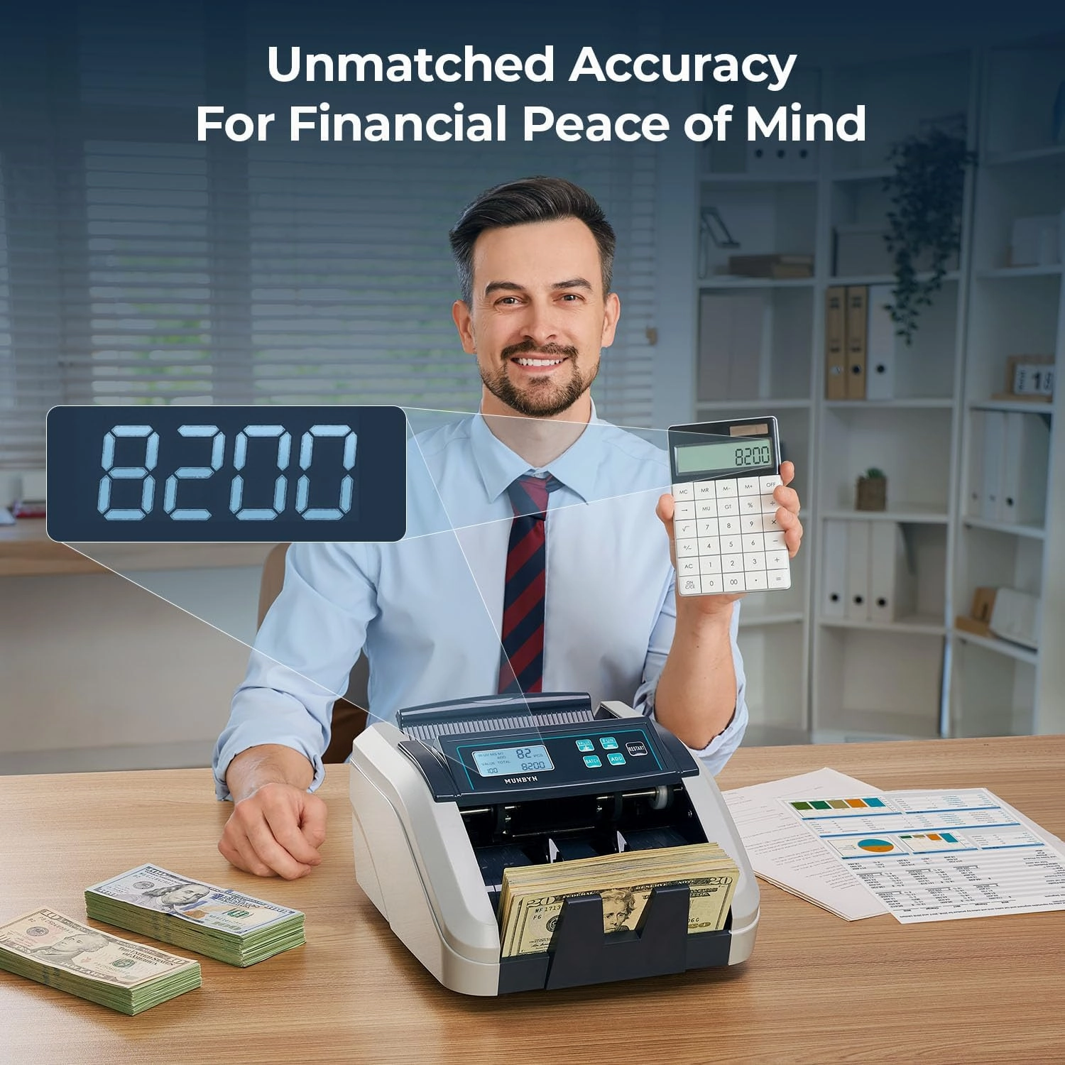 MUNBYN IMC51 Money Counter Machine Count Value, Add Batch/Add  Value Mode Bill Counter, UV/MG/IR/MT Detection, USD only Cash Counter,1100 Bills/min, Money Counting Machine with LCD Display (Gray)