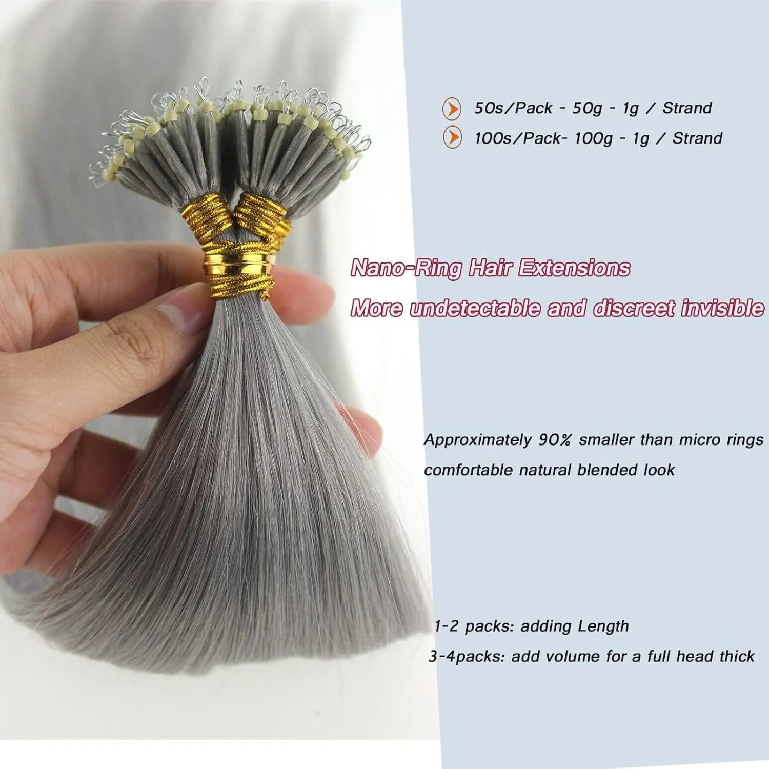 Nano Ring Hair Extensions Human Hair Keratin Cold Fusion Nano Tip Micro Nano Beads Link Thick Hair Balayage Highlight Ombre Real Remy Hair 1g/s (18inch50gr50s, Silver Gray)