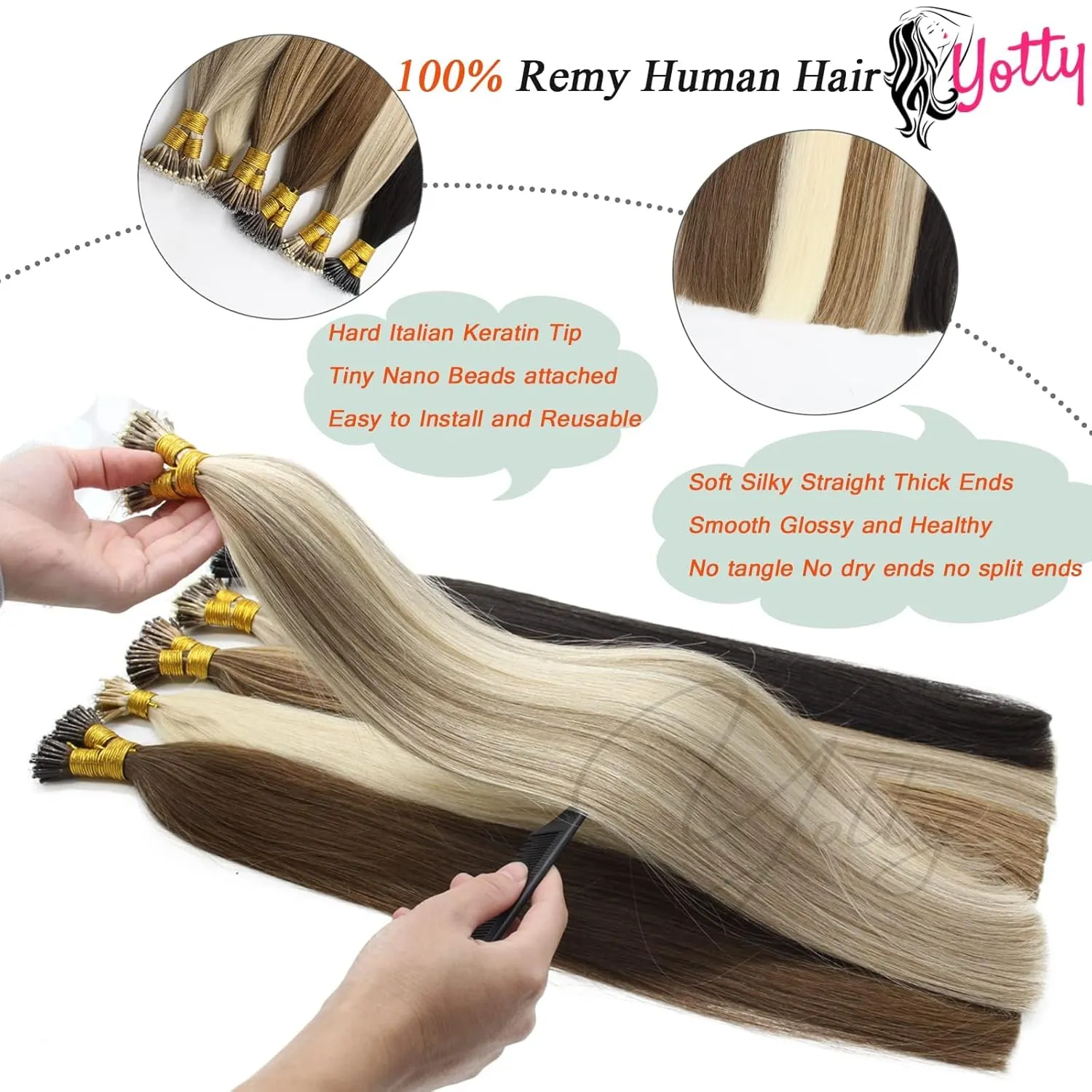 Nano Ring Hair Extensions Human Hair Keratin Cold Fusion Nano Tip Micro Nano Beads Link Thick Hair Balayage Highlight Ombre Real Remy Hair 1g/s (18inch50gr50s, Silver Gray)
