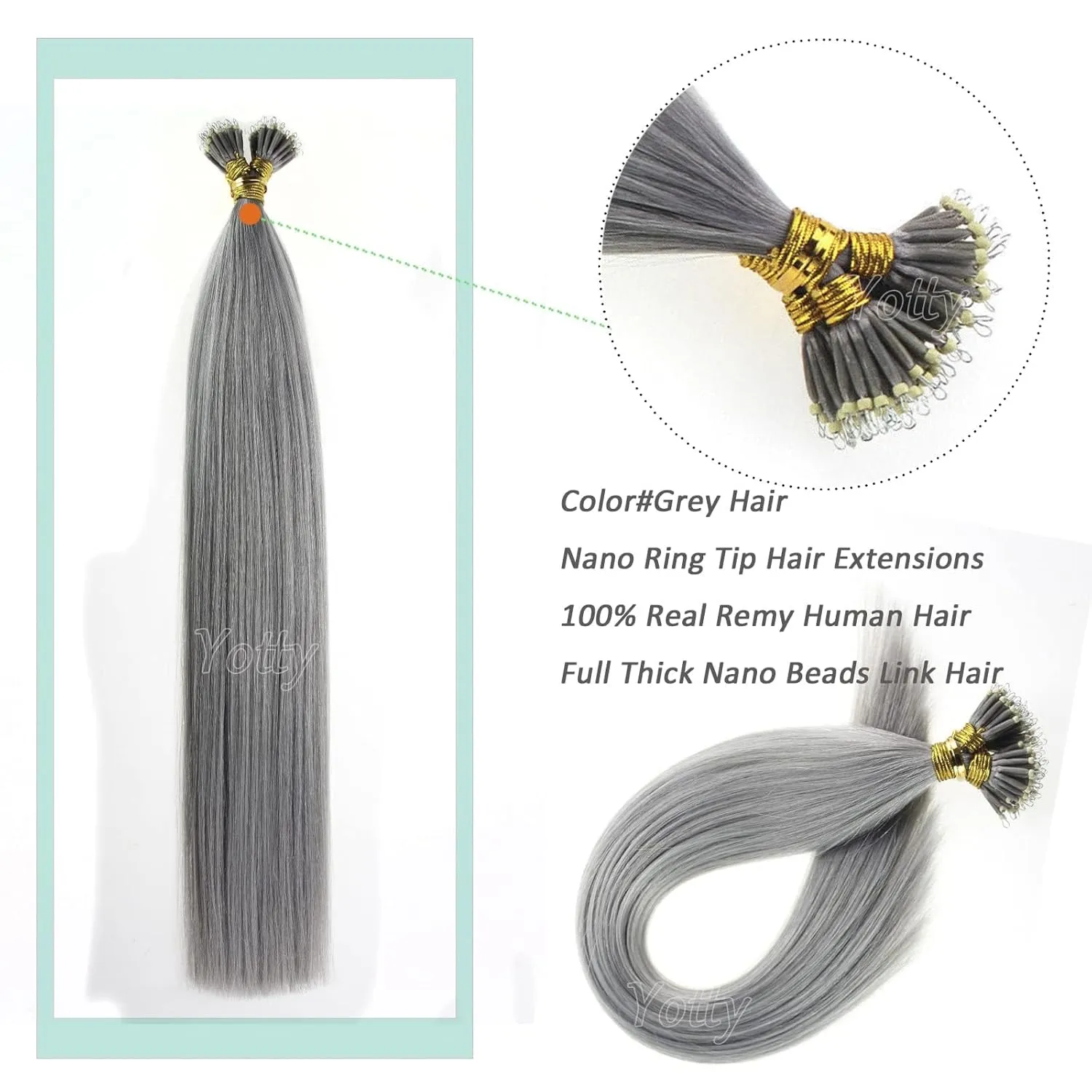 Nano Ring Hair Extensions Human Hair Keratin Cold Fusion Nano Tip Micro Nano Beads Link Thick Hair Balayage Highlight Ombre Real Remy Hair 1g/s (18inch50gr50s, Silver Gray)
