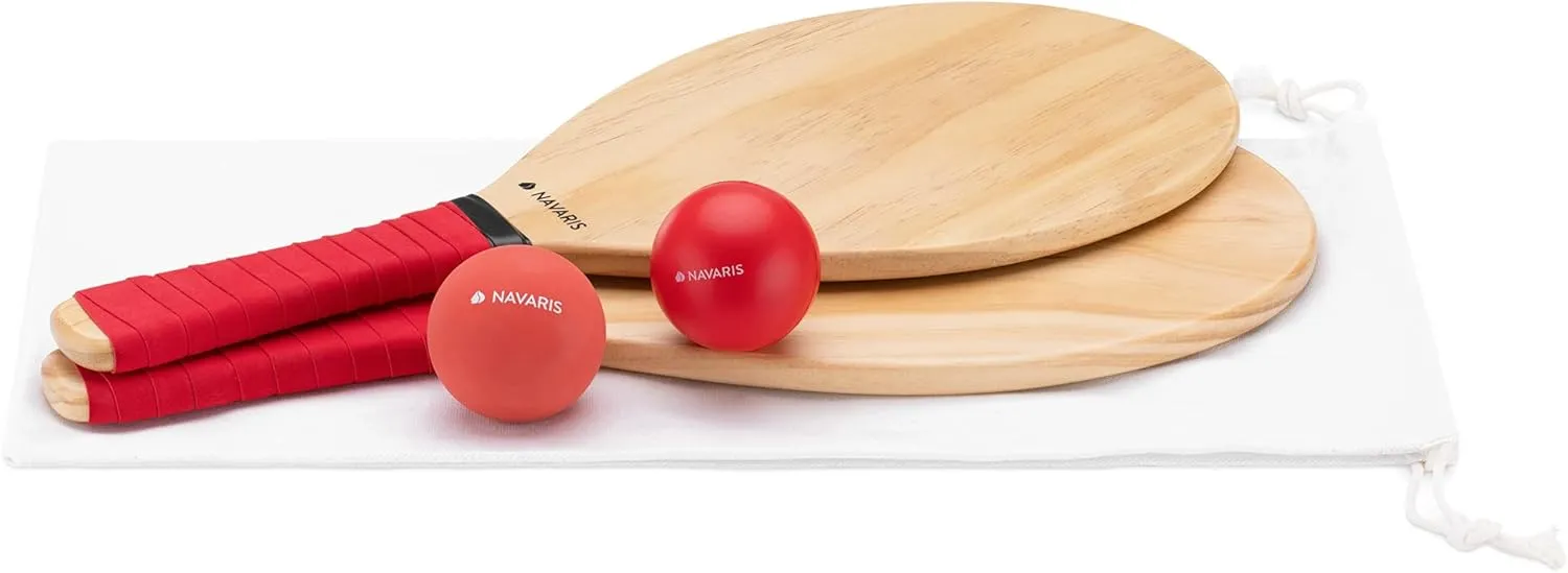 Navaris Wooden Beach Rackets Set - Includes 2 Wooden Paddles and 2 Balls - Varnished Outdoor Wood Paddle Bat Ball Game for Park or Garden - Blue