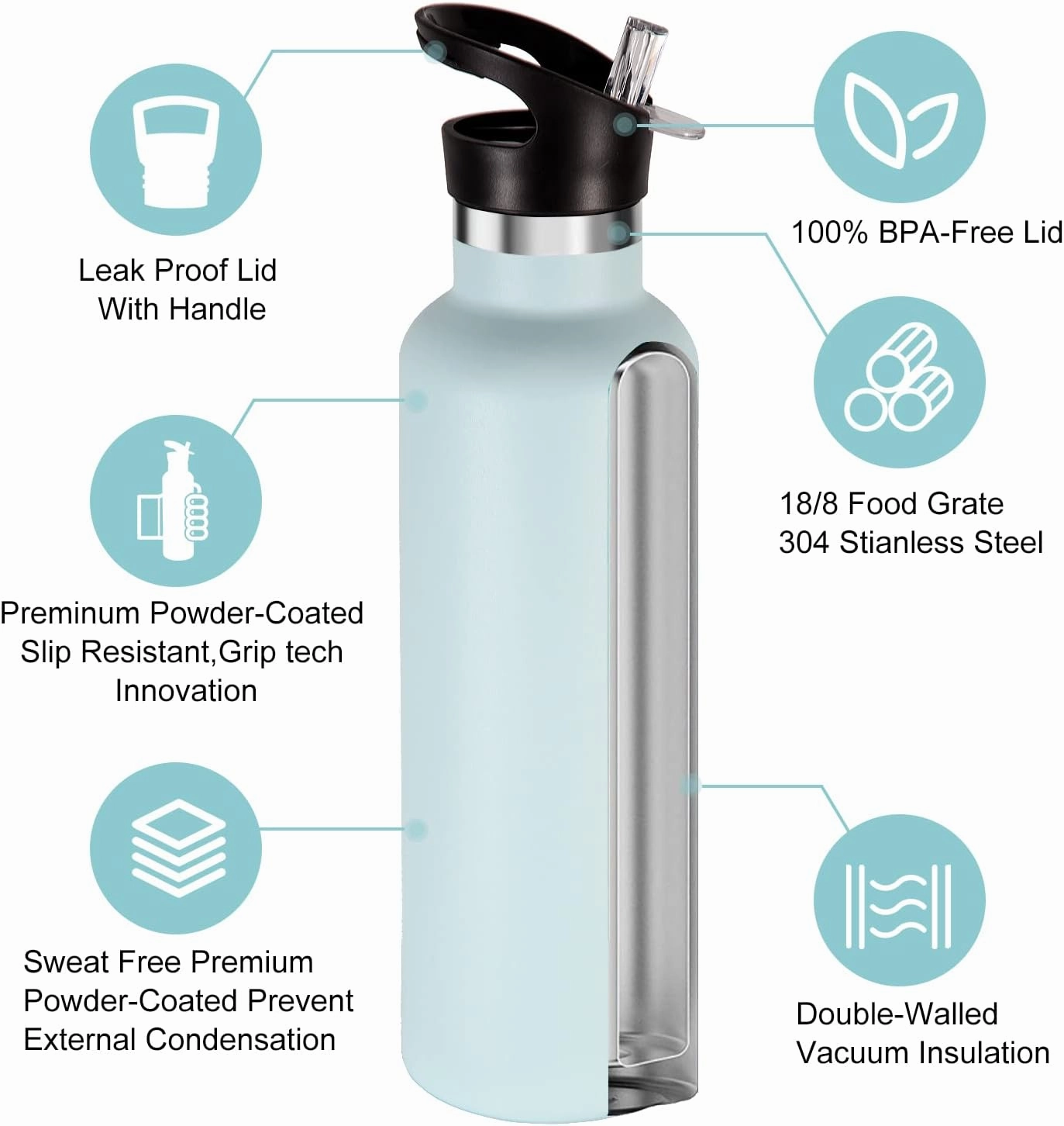 Neihepal 24oz Insulated Water Bottles Bulk 8 Pack,Stainless Steel Double Wall Sport Bottle with Straw Lid,Metal Cup Reusable Thermoses with Hand Cap for School,Cyclists,Hikers,Gift (Fog,8 Count)