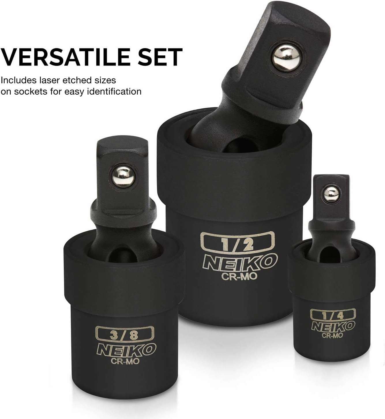 NEIKO 02486A Impact Universal Joint-Socket Swivel Set, Socket Extension Set Made From Cr-Mo with Included 1/4-, 3/8-, and 1/2-Inch Sockets, Set of 3
