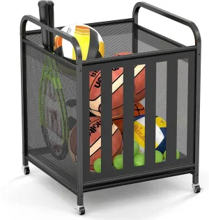niffgaff Large Rolling Ball Storage Cart – Metal Ball Bin with Lockable Wheels and Elastic Straps, Holds Basketballs, Soccer Balls, Toys and Sports Equipment, Indoor & Outdoor Organizer – Black