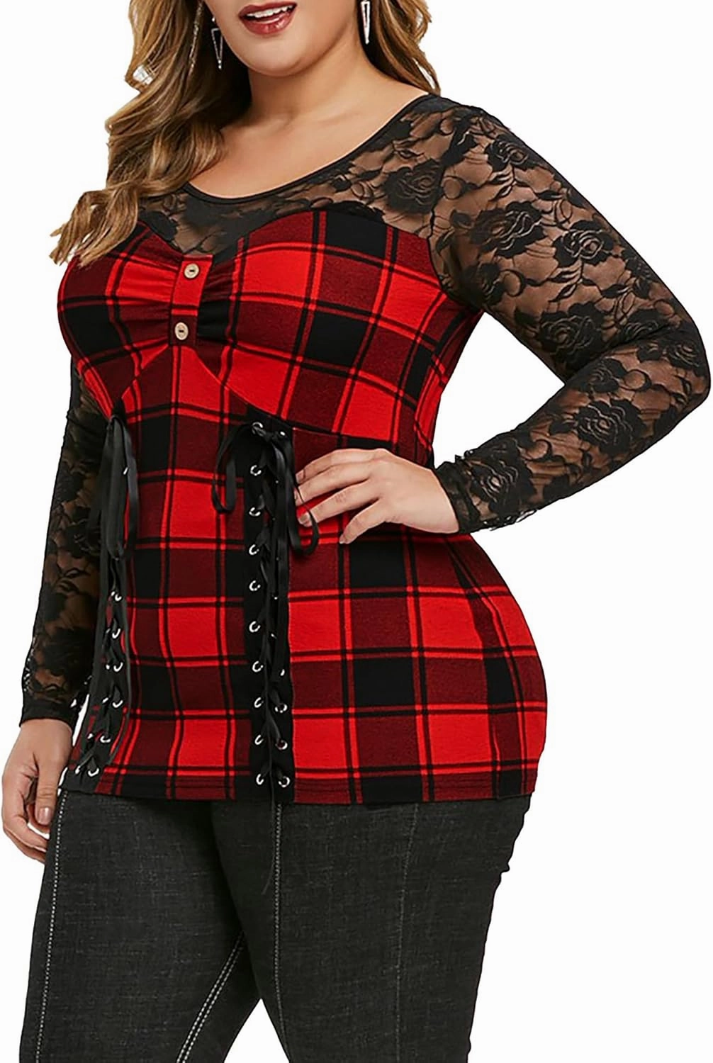Nihsatin Women's Plus Size Lace up Ribbed Tops Casual T-Shirts Gothic Corset Top