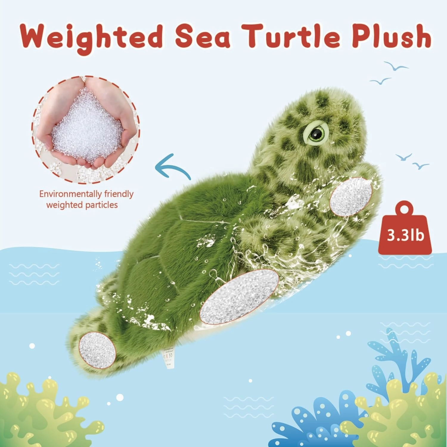 Niuniu Daddy 20" | 3.3 Pound Weighted Sea Turtle Stuffed Animals for Kid, Fluffy Weighted Sea Turtle Plush Toy for Toddler Teen Adult, Large Green Plushies Pillow with Soft Fur for Christmas Birthday
