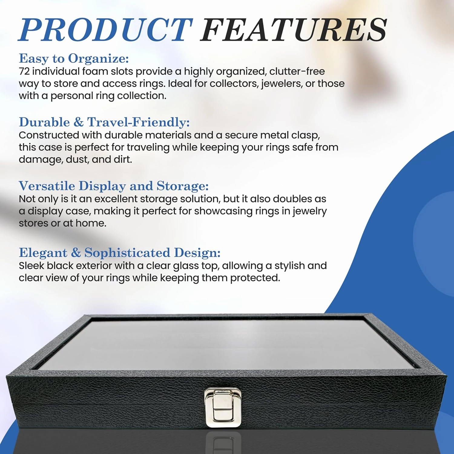 Novel Box Ring Display Glass Case Black 14.75x8.25x2.1 Inches with 72-Slot Blue Ring Foam Insert - Travel Ring Case with Metal Clasp - Jewelry Box to Keep Rings Dust Free & Secure