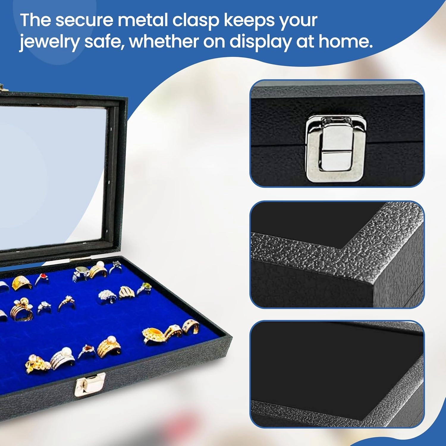 Novel Box Ring Display Glass Case Black 14.75x8.25x2.1 Inches with 72-Slot Blue Ring Foam Insert - Travel Ring Case with Metal Clasp - Jewelry Box to Keep Rings Dust Free & Secure