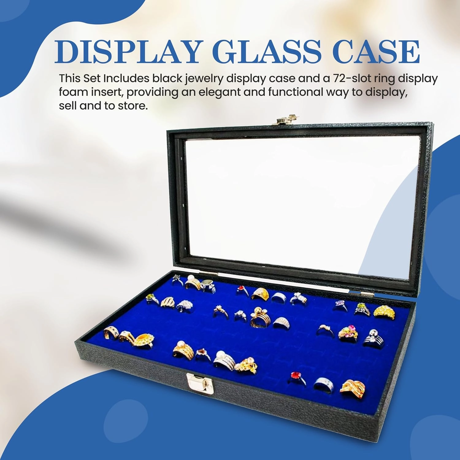 Novel Box Ring Display Glass Case Black 14.75x8.25x2.1 Inches with 72-Slot Blue Ring Foam Insert - Travel Ring Case with Metal Clasp - Jewelry Box to Keep Rings Dust Free & Secure