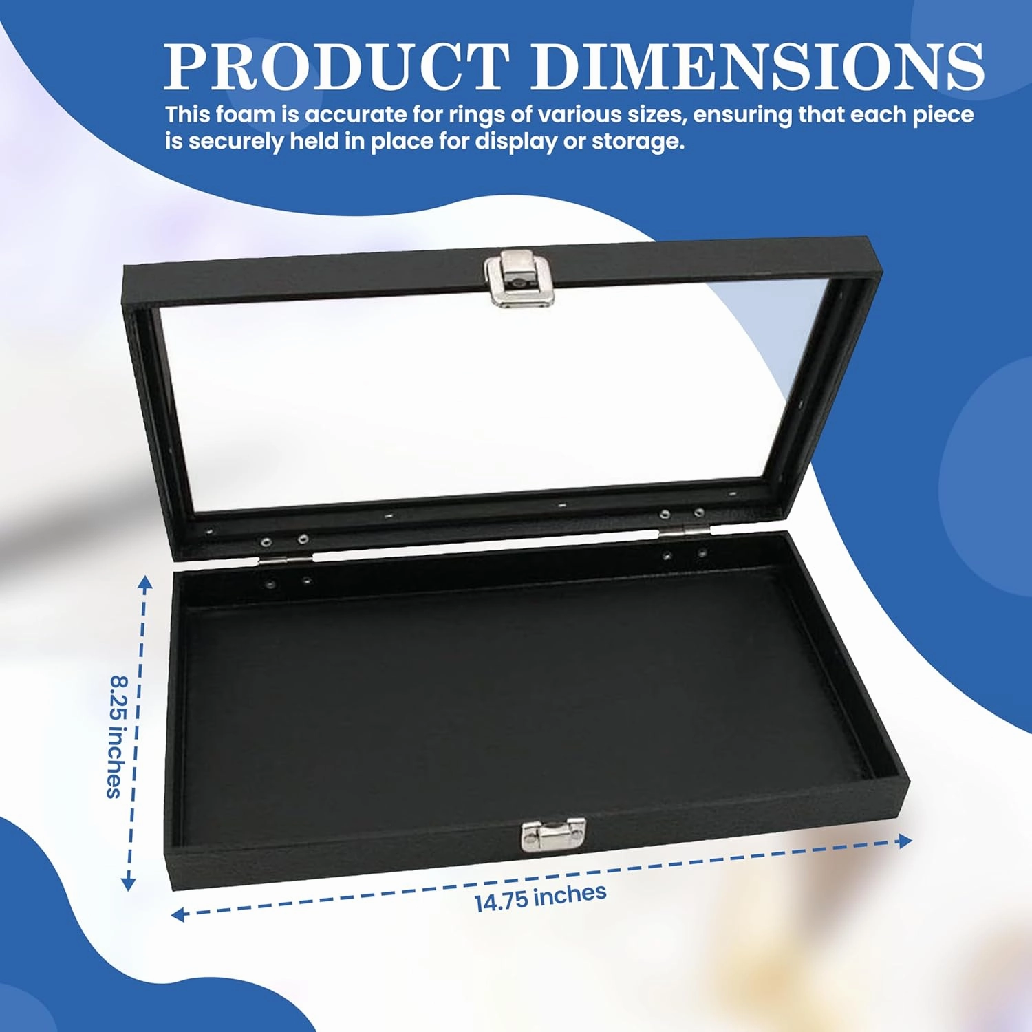 Novel Box Ring Display Glass Case Black 14.75x8.25x2.1 Inches with 72-Slot Blue Ring Foam Insert - Travel Ring Case with Metal Clasp - Jewelry Box to Keep Rings Dust Free & Secure