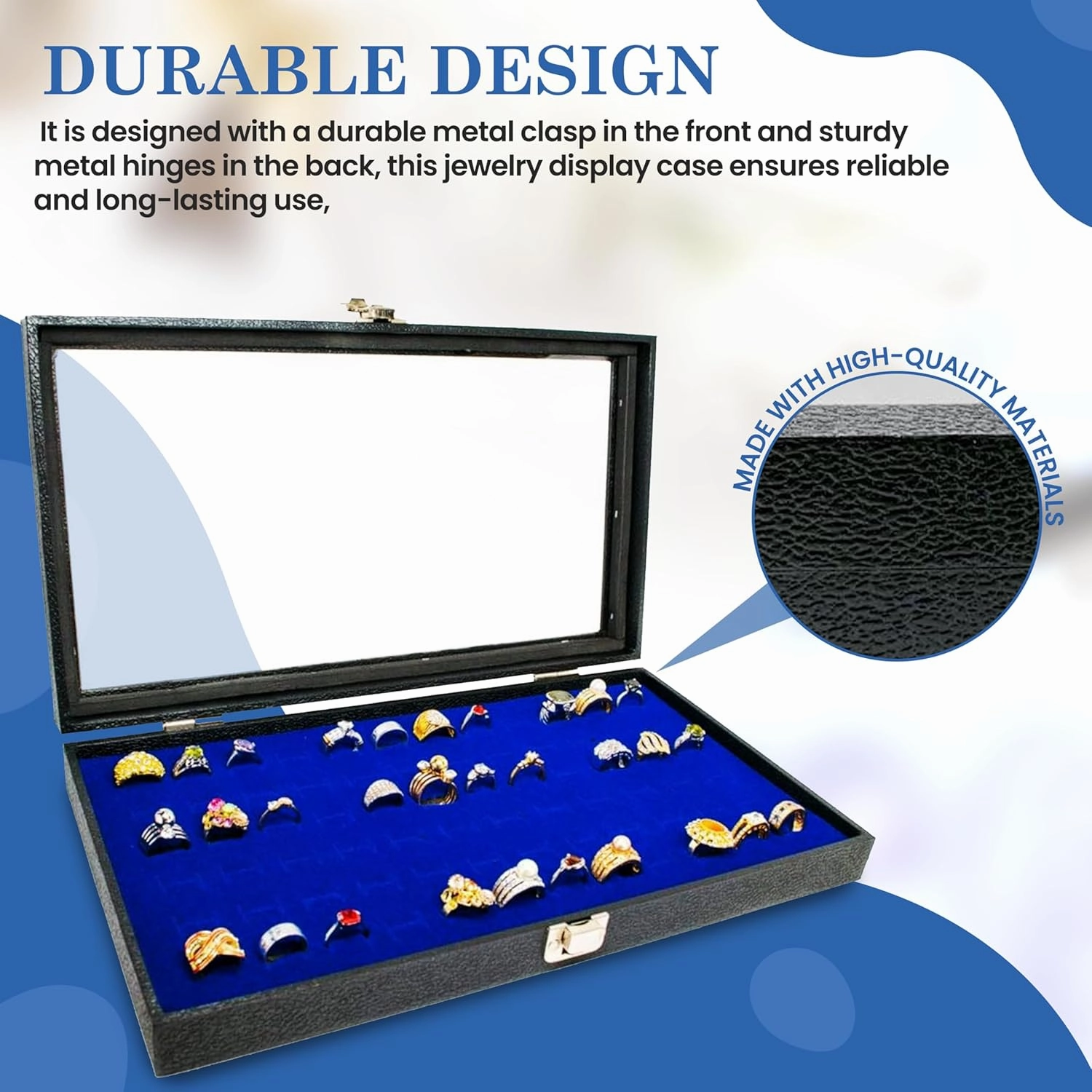 Novel Box Ring Display Glass Case Black 14.75x8.25x2.1 Inches with 72-Slot Blue Ring Foam Insert - Travel Ring Case with Metal Clasp - Jewelry Box to Keep Rings Dust Free & Secure