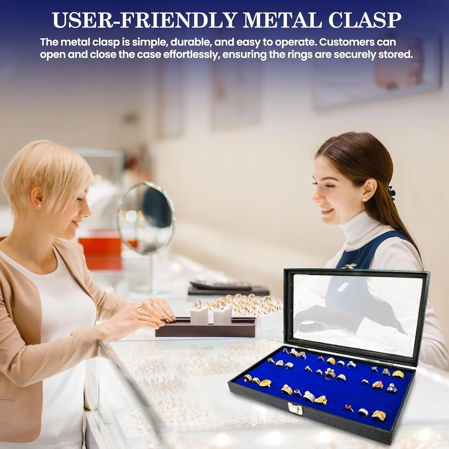 Novel Box Ring Display Glass Case Black 14.75x8.25x2.1 Inches with 72-Slot Blue Ring Foam Insert - Travel Ring Case with Metal Clasp - Jewelry Box to Keep Rings Dust Free & Secure