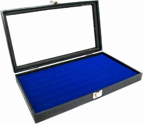 Novel Box Ring Display Glass Case Black 14.75x8.25x2.1 Inches with 72-Slot Blue Ring Foam Insert - Travel Ring Case with Metal Clasp - Jewelry Box to Keep Rings Dust Free & Secure