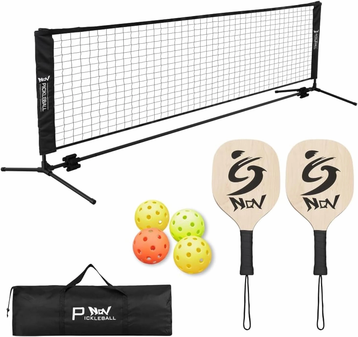 NQV Pickleball Set with Net-10FT Half Court Size Pickleball Net Wood Pickleball Paddles Pickle Balls Ball Retrievers, Portable Outdoor Driveway Indoor for Adults Beginners