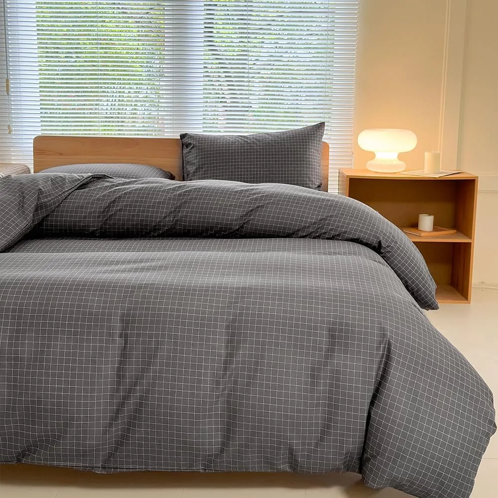NSNLGSGC Gray Plaid Duvet Cover Set Twin,Charcoal Grid Simple Geometric Square Pattern Comforter Cover,Soft Washed Microfiber Bedding Cover (2PCS,Twin)