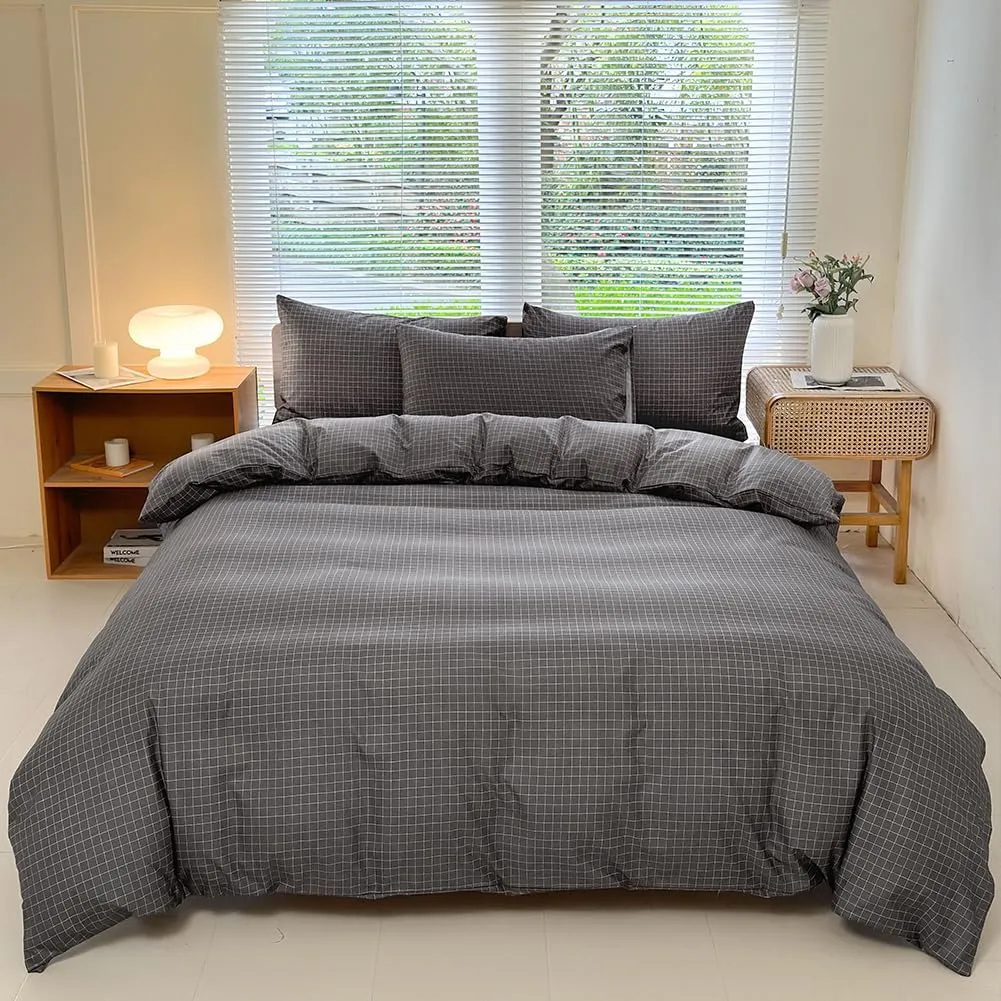 NSNLGSGC Gray Plaid Duvet Cover Set Twin,Charcoal Grid Simple Geometric Square Pattern Comforter Cover,Soft Washed Microfiber Bedding Cover (2PCS,Twin)