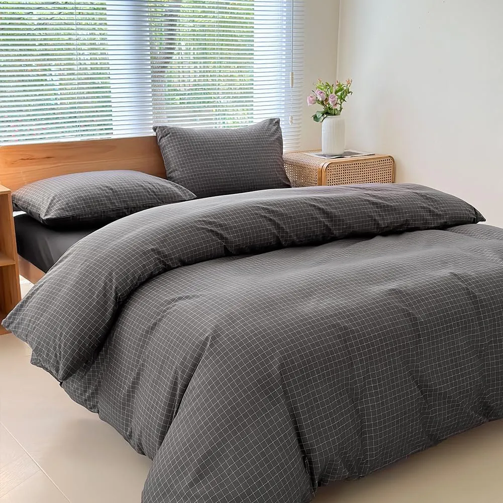 NSNLGSGC Gray Plaid Duvet Cover Set Twin,Charcoal Grid Simple Geometric Square Pattern Comforter Cover,Soft Washed Microfiber Bedding Cover (2PCS,Twin)