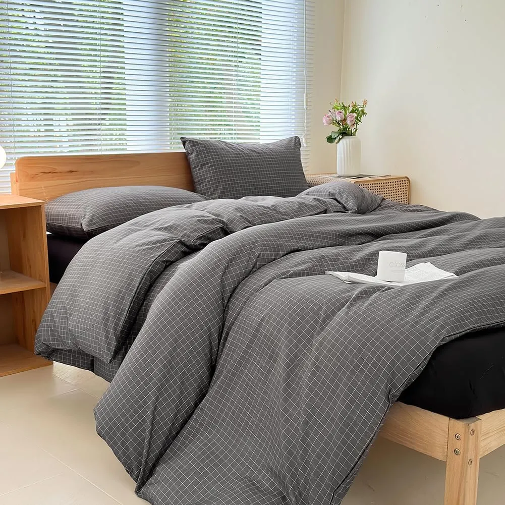 NSNLGSGC Gray Plaid Duvet Cover Set Twin,Charcoal Grid Simple Geometric Square Pattern Comforter Cover,Soft Washed Microfiber Bedding Cover (2PCS,Twin)