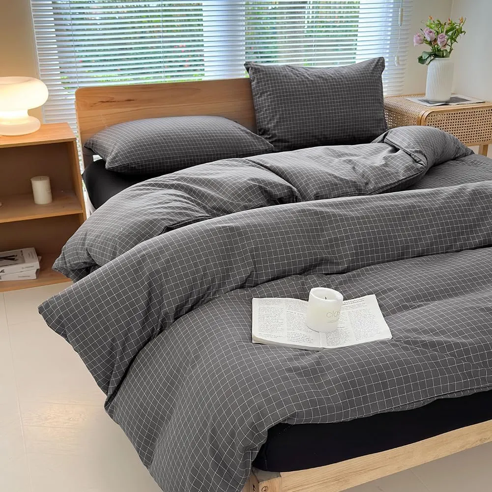 NSNLGSGC Gray Plaid Duvet Cover Set Twin,Charcoal Grid Simple Geometric Square Pattern Comforter Cover,Soft Washed Microfiber Bedding Cover (2PCS,Twin)