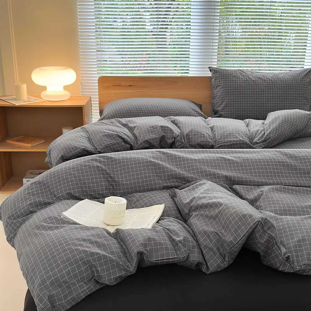 NSNLGSGC Gray Plaid Duvet Cover Set Twin,Charcoal Grid Simple Geometric Square Pattern Comforter Cover,Soft Washed Microfiber Bedding Cover (2PCS,Twin)