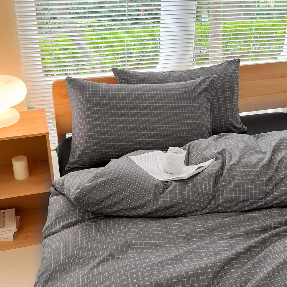 NSNLGSGC Gray Plaid Duvet Cover Set Twin,Charcoal Grid Simple Geometric Square Pattern Comforter Cover,Soft Washed Microfiber Bedding Cover (2PCS,Twin)